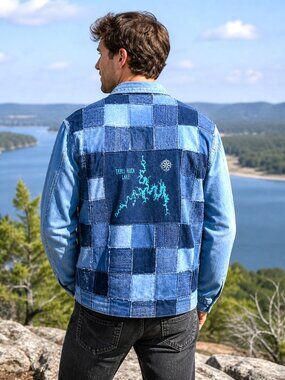 Table Rock Lake Map Patchwork Denim Jacket Upcycled Handmade Distressed Men's M